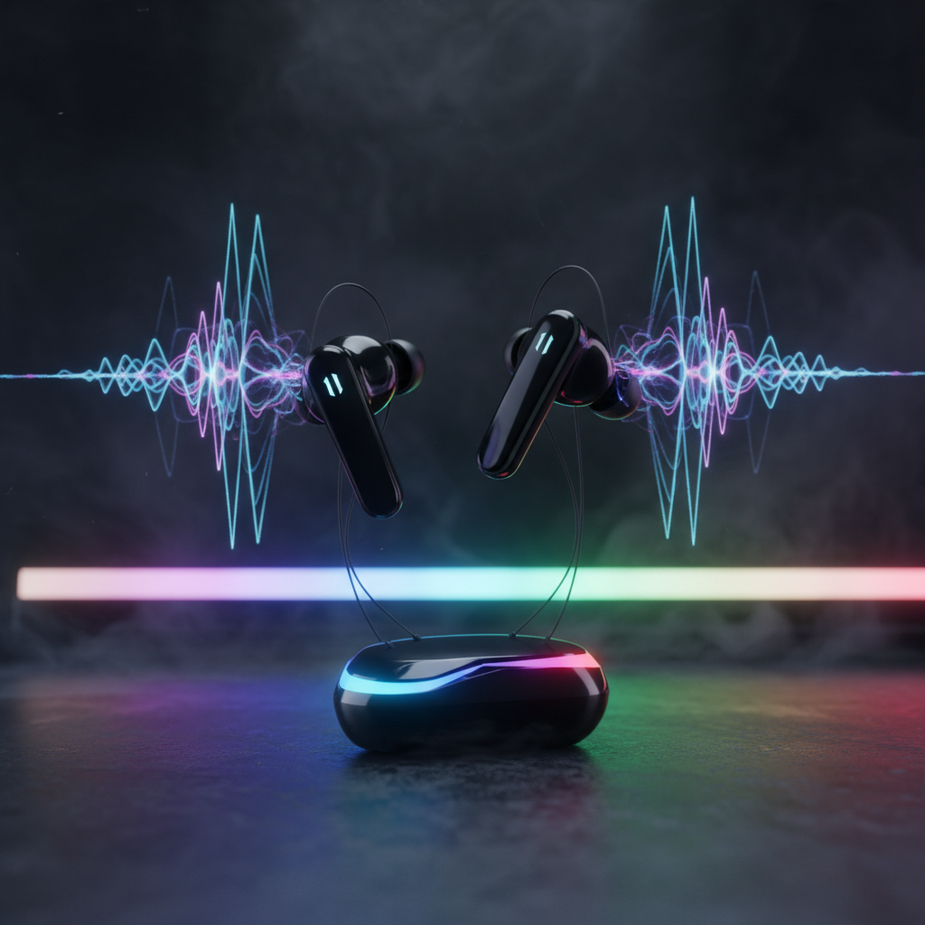 Wireless Bluetooth gaming earbuds with RGB lighting moody tech background